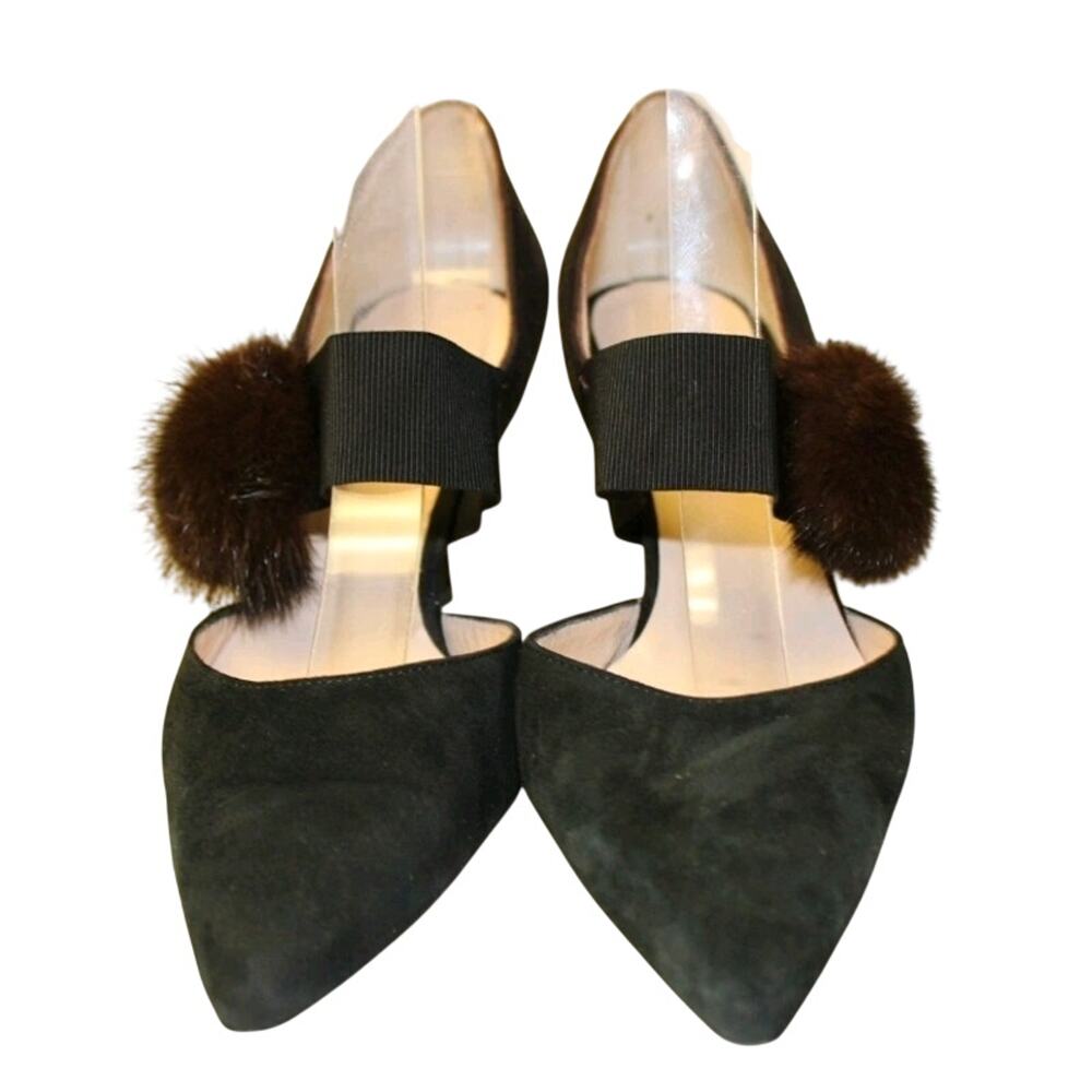 Jet-Set Paris Womens 8 38 Fur Pom Pom Suede Pointed Pumps Shoes Heels - Picture 8 of 16